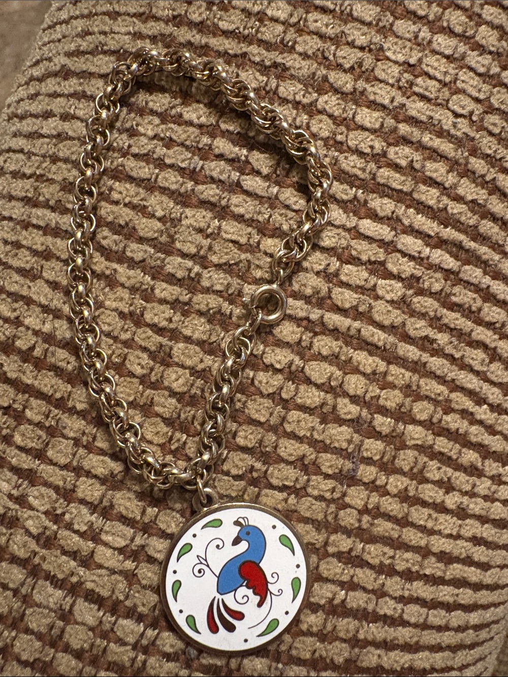 Pennsylvania Dutch Gold Chain Bracelet with Colorful Enamel Bird Charm